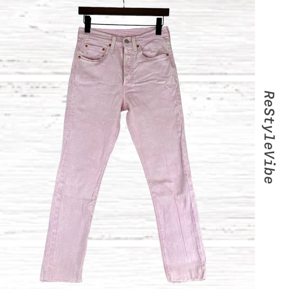 LEVI’S Women’s Size 26x28 Denim Jeans 501 Button Fly Pink Stretch White Tab